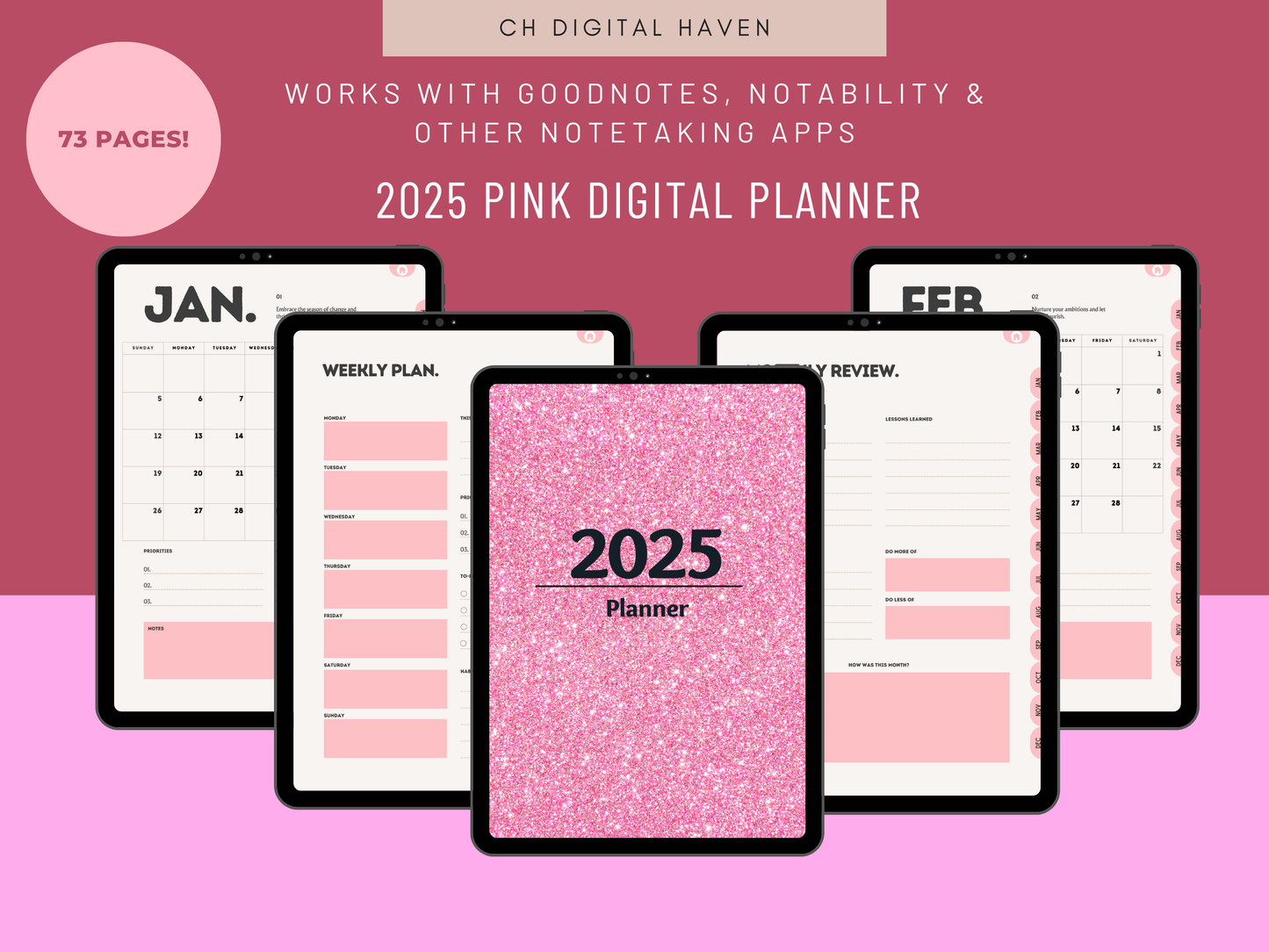 Pink Sparkle Hyperlinked 2025 Digital Planner
