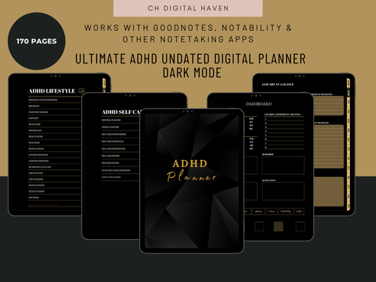 Undated Hyperlinked ADHD Digital Planner - Dark Mode